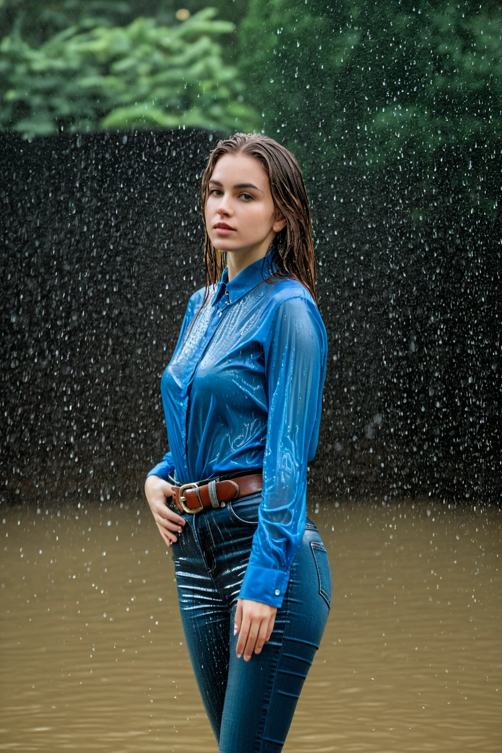 wetgirl, standing in the rain, water drop, wet hair, wet blue silk shirt, shirt tucked into skinny jeans, belt, looking at viewer, photographed on a Fujifilm XT3, 80mm F/1.7 prime lens, cinematic film still, cinestill 500T, highly detailed, masterpiece, highest quality, intricately detailed, HDR, 8k, uhd, photorealistic, <lora:wetgirl_v2:0.75>