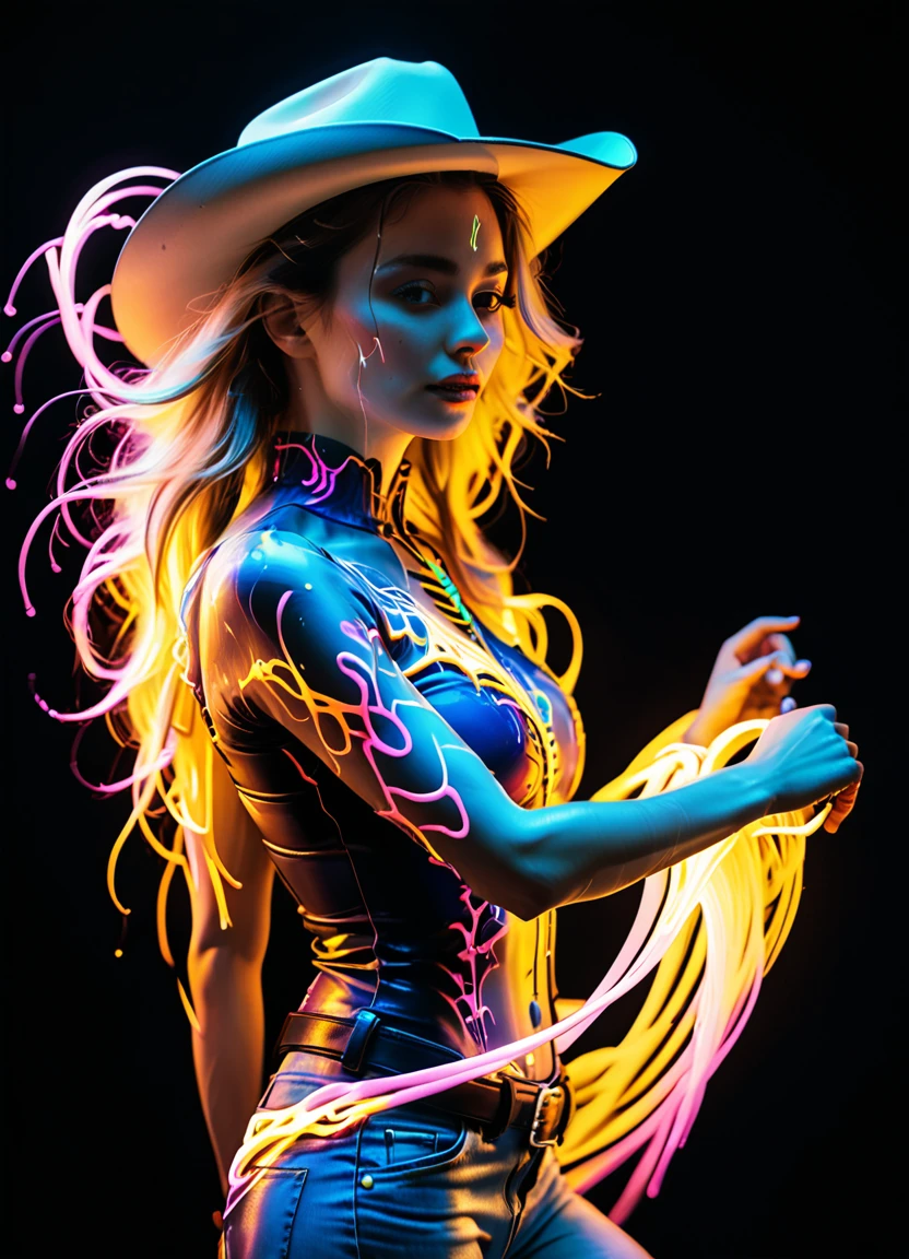 (masterpiece, best quality:1.4), light painting, (long exposure:1.2),dynamic streaks, luminous trails, vibrant colors, fluid movement, captivating patterns, creative experimentation,(adult woman),(highest detailed),(cowboy shot:1.2),dynamic pose <lora:SymBIOic_Hair:1.2> symb10ic