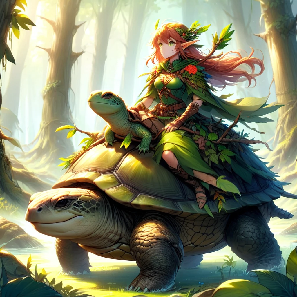 Woodelf, 1woman, Riding a turtle