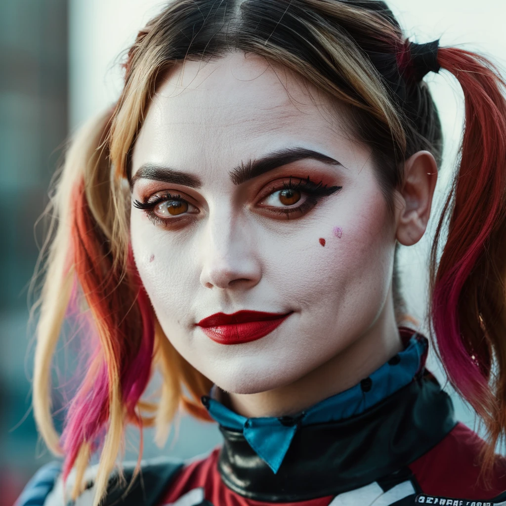 High res closeup portrait photo of an actress dressed as Harley Quinn, f /2.8, Canon, 85mm,cinematic, high quality, skin texture, looking at the camera,  jenxcolemn,   <lora:jencoleman_juggerX_xl_1_wocap_merger_23_145_merger_106_045_055-jenxcolemn:1>