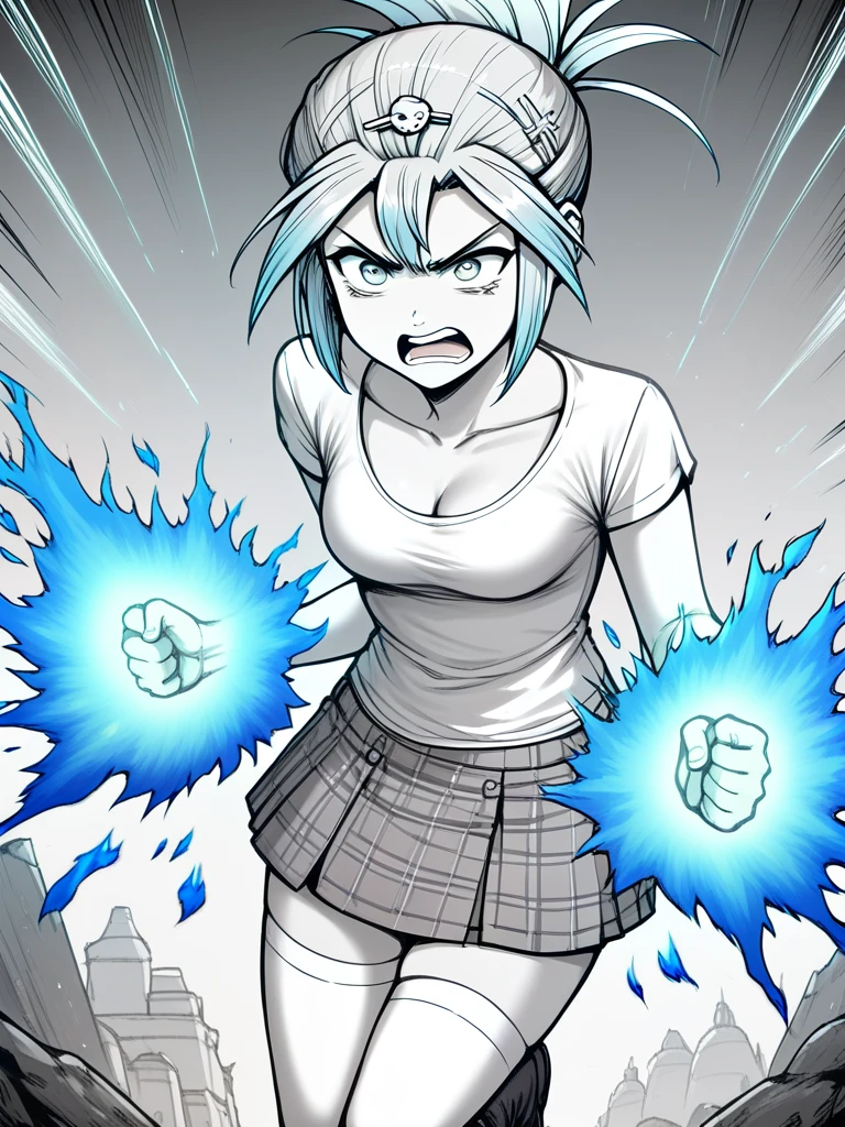 score_9, score_8_up, score_7_up, score_6_up, action scene, grayscale 1girl, angry talia, hairclip, simple shirt, small breasts, cleavage, gray plaid skirt, white thighhighs, black tall boots, levitating, power explosion (((blue fire))) out of fists, temple background