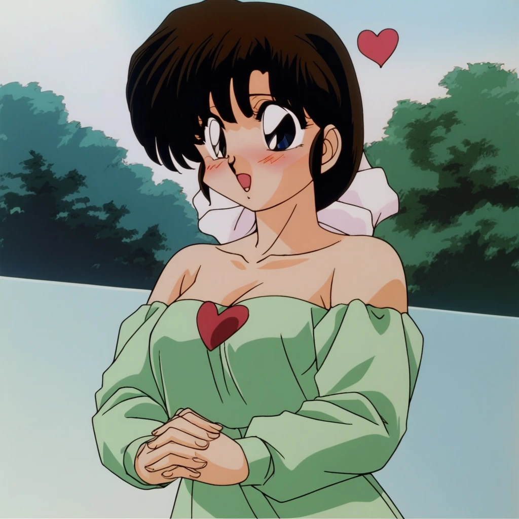 own hands together, outdoors, green shirt, ribbon, ^ ^, 1990s (style), solo, open mouth, long sleeves, blush, heart, strapless bikini, short hair