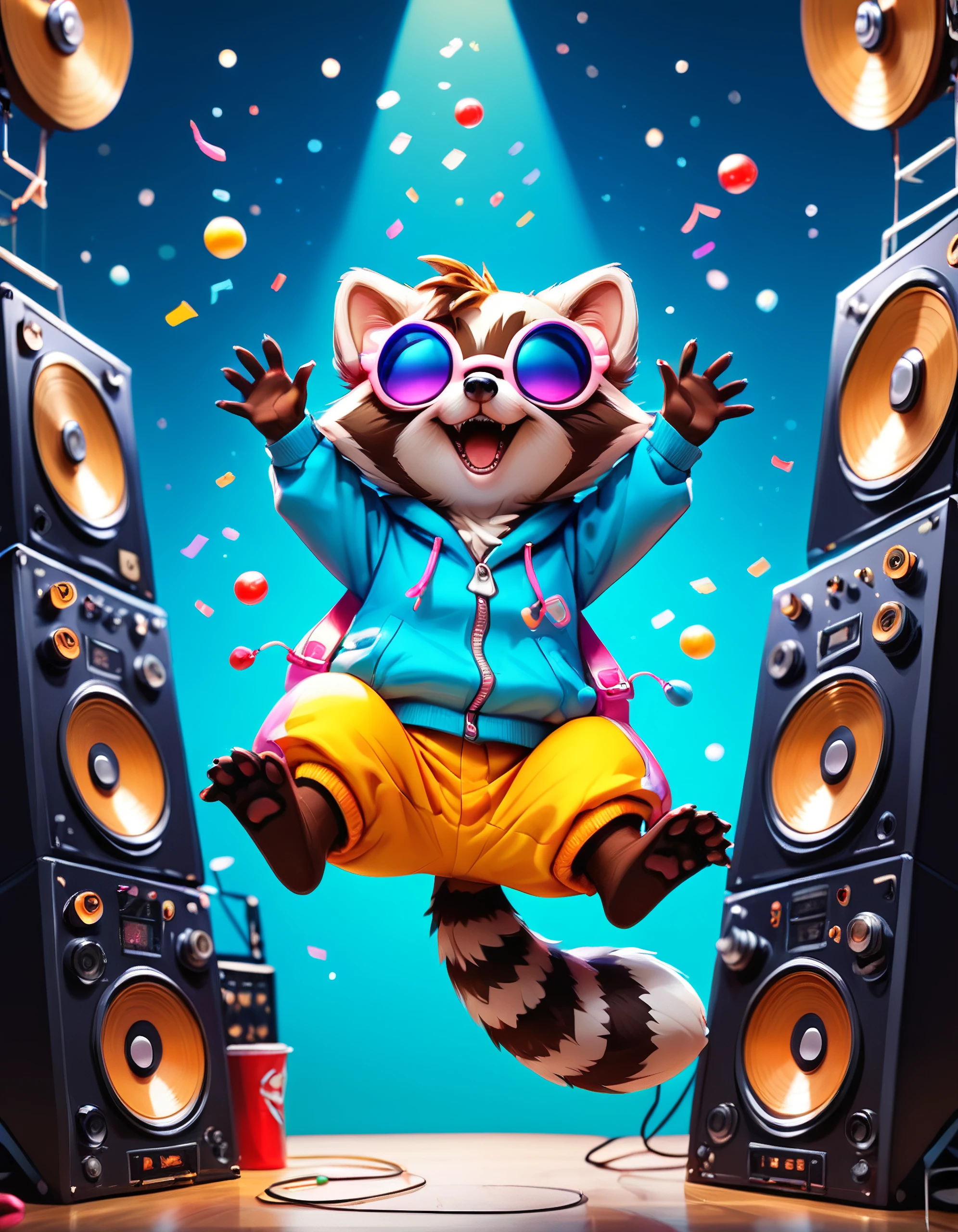 score_9, score_8_up, score_7_up, score_6_up, score_5_up, score_4_up, a cute black and white raccoon being a DJ at a party, working the turntables, speakers on background, hands in the air