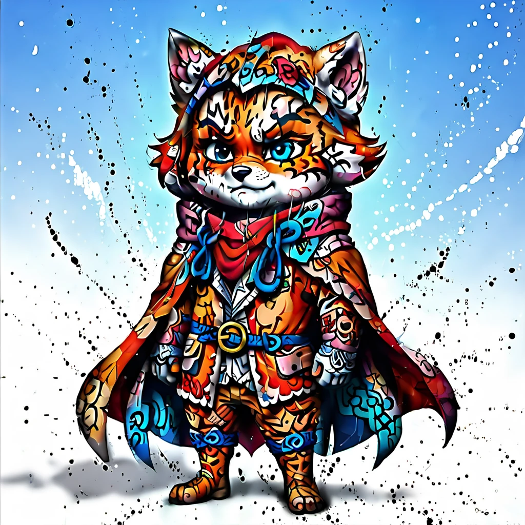 blonde hair, crack, sly expression, fox from league of legends chibi, tiger,  red scarf, cloak with hood,  concept art, gloves, colored sclera, teeth, orange fur, barefoot, blue sky, abs