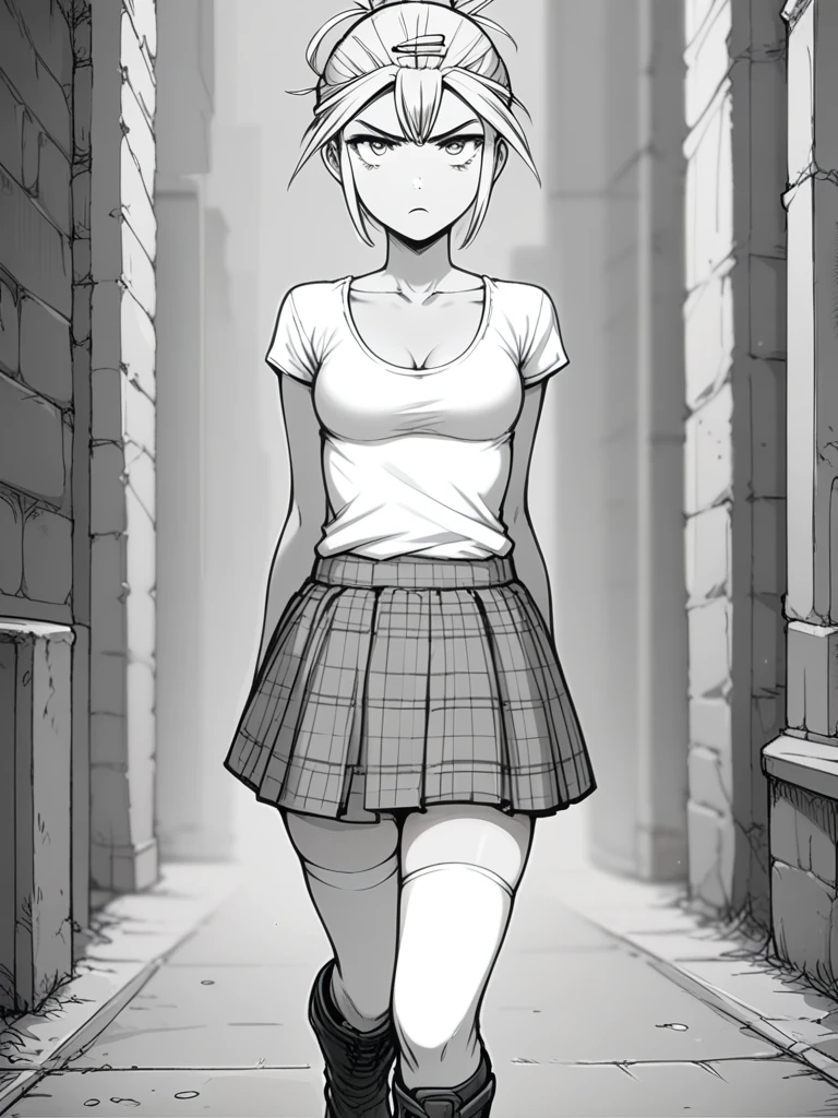 score_9, score_8_up, score_7_up, score_6_up, exclusive color, action scene, grayscale 1girl, annoyed talia, hairclip, simple shirt, small breasts, cleavage, gray plaid skirt, white thighhighs, black tall boots, walking on air, looking back at viewer