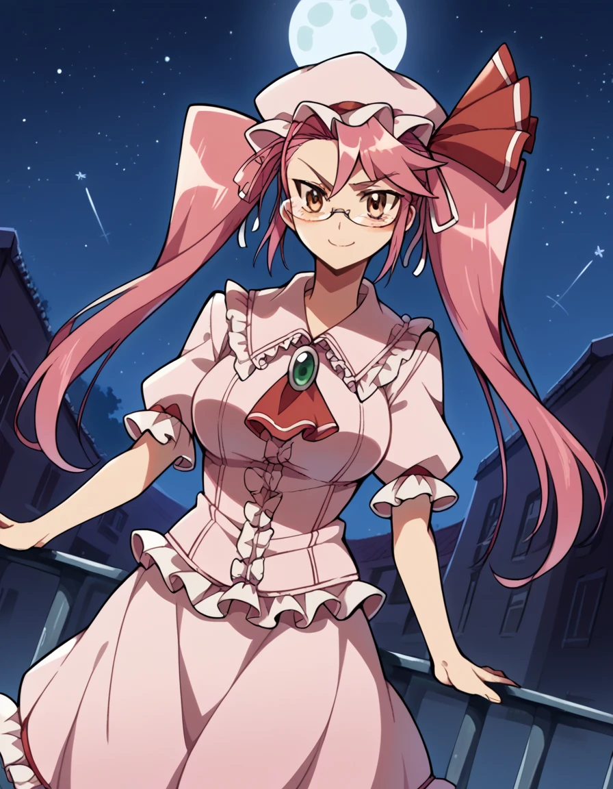 score_9, score_8_up, score_7_up, source_anime, sayatakagi, <lora:saya-takagi-ponyxl-lora-nochekaiser:1>, saya takagi, long hair, ribbon, twintails, brown eyes, hair ribbon, pink hair, glasses, large breasts,, <lora:remilia-scarlet-cosplay-ponyxl-lora-nochekaiser:1>, remiliascarletcosplay, remilia scarlet \(cosplay\), ascot, collared shirt, crystal, frilled shirt collar, frilled skirt, frills, hat, hat ribbon, mob cap, pink hat, pink shirt, pink skirt, red ascot, red ribbon, ribbon, shirt, short sleeves, skirt, wings,, outdoors, street, night, moon, starry sky, smile, blush,, cowboy shot, dutch angle, solo,