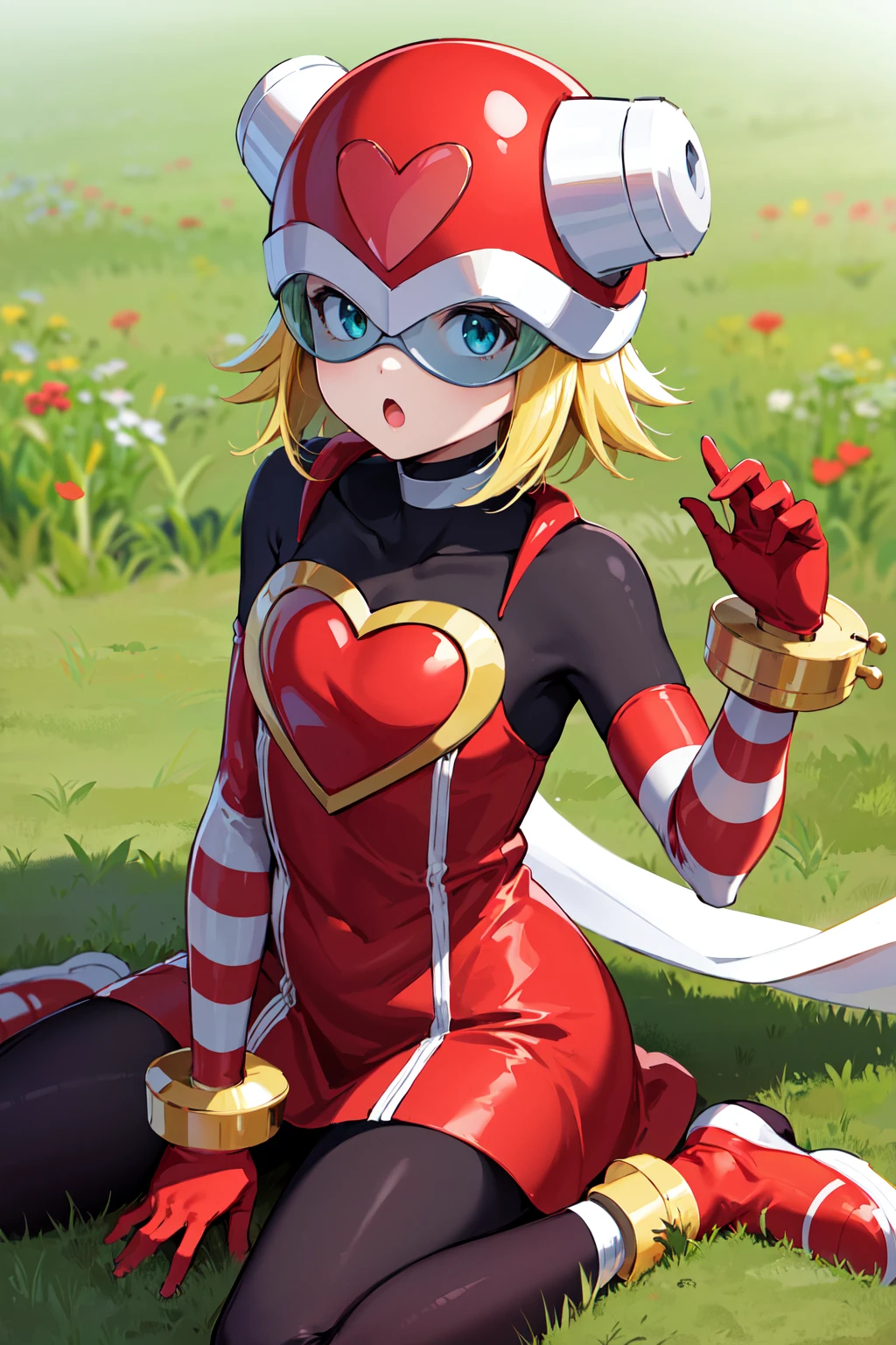 masterpiece, best quality, highres, 1girl, solo, short hair, blonde hair, helmet, red headwear, goggles, white choker, white scarf, bodysuit, red dress, heart, striped, bracelet, red gloves, black pantyhose, <lora:hibiki_misora_(harp_note)_v1:0.7>, wariza, grass, field, :o, looking at viewer,