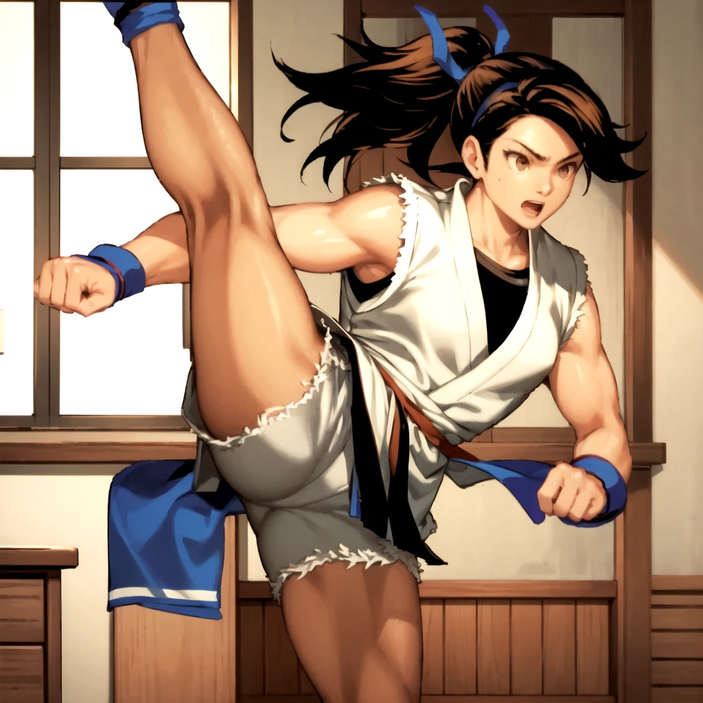 masterpiece, best quality, <lora:LiuYungmie:1>, Liu Yungmie, 1girl, muscular, brown hair, long hair, ponytail, blue gloves, blue headband, brown eyes, blue footwear, white shorts, white sleeveless gi, solo, kicking, kick
BREAK
dojo, wooden floor, intricate, 4k, highres, (REMARKABLE),