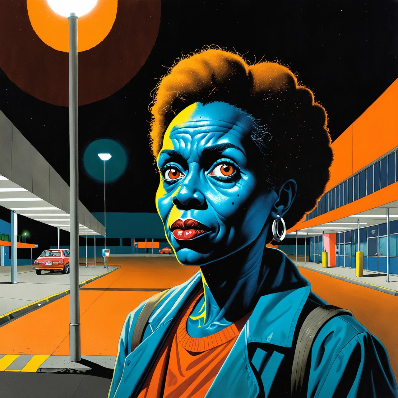 cs-gdblk, Ethiopian mature woman in a carpark at night, orange sodium streetlights