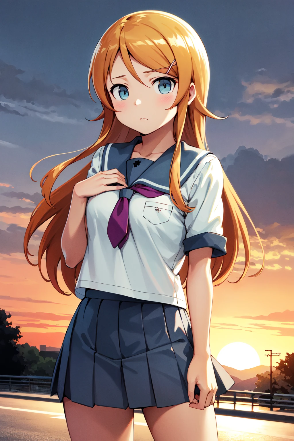 masterpiece, best quality, highres, aakirino, long hair, hairclip, school uniform, grey sailor collar, purple neckerchief, white shirt, short sleeves, pleated skirt, grey skirt, <lora:kousaka_kirino_v1:0.7>, sunset, road, hands on own chest, standing, cowboy shot, sad,