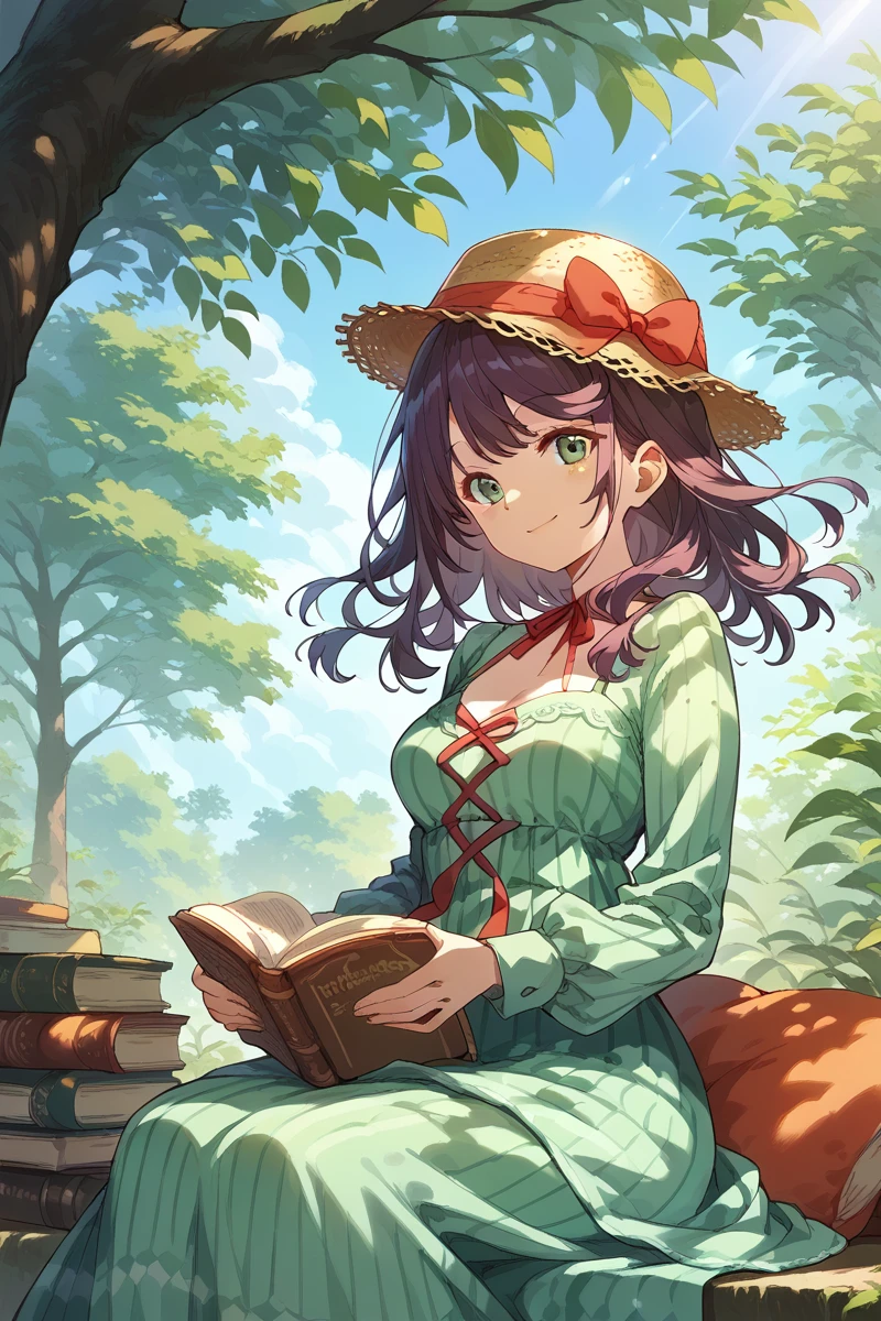 score_9, score_8_up, score_7_up, score_6_up, 1girl,
 <lora:Junna_Hoshimi:0.9> junna, green eyes, loose hair, breasts, long sleeves, solo, straw mini hat, red ribbon, green eyes, smile, dress, green dress, outdoors, sitting, sunlight, tree, book,