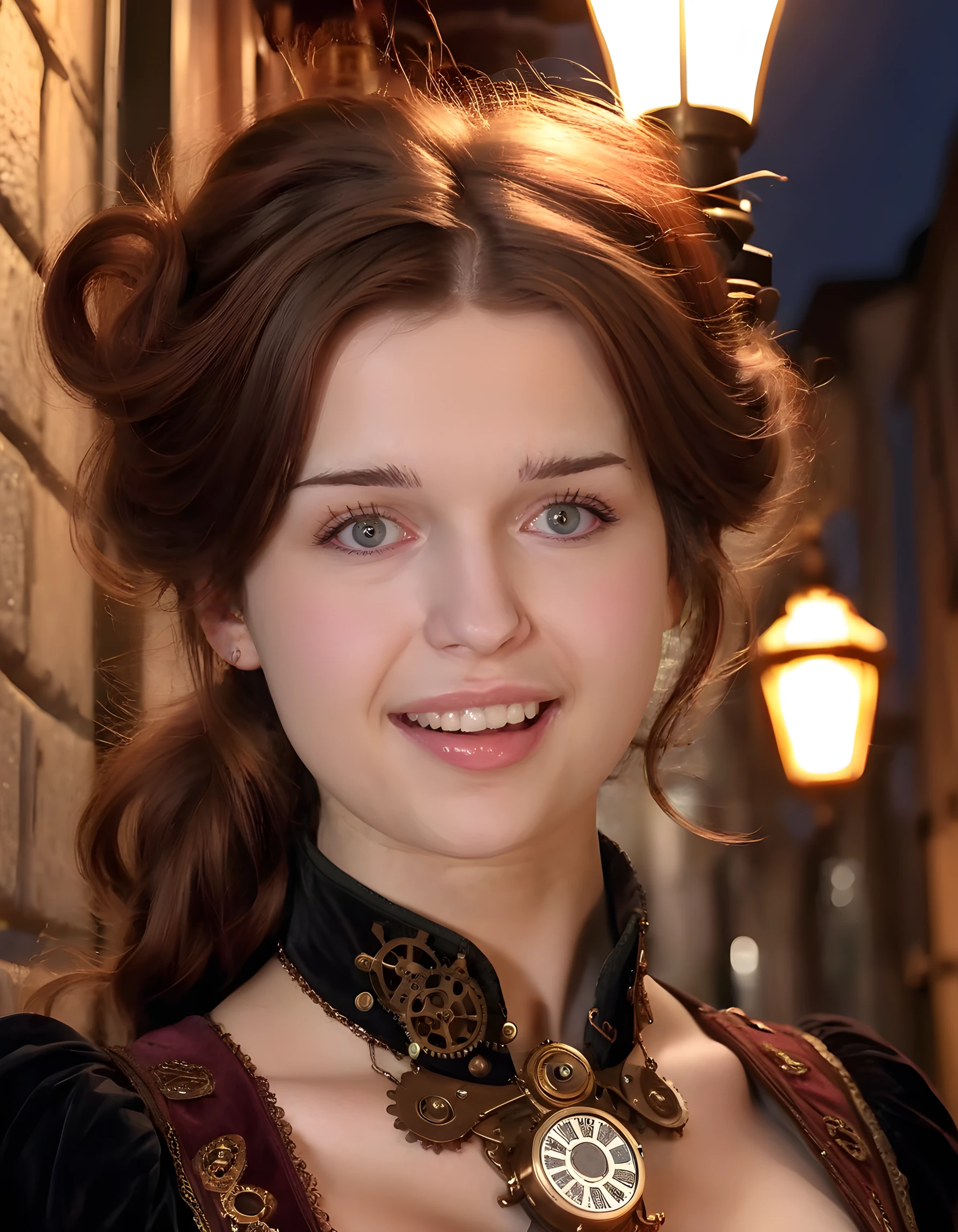 In a steampunk-inspired world, P0LY4, a woman with a cascade of rich, chestnut-brown hair, wears an intricately designed outfit reminiscent of Victorian era fashion, adorned with brass gears and copper piping. Her eyes, filled with curiosity and determination, sparkle under the soft glow of a gas lamp's light. The image is captured in a close-up portrait shot from a low angle, focusing on her closed mouth that sports a charming, enigmatic smile, as she poses confidently against the backdrop of a cobblestone alleyway, her lips subtly colored with a deep crimson hue, creating a captivating and mystical atmosphere.