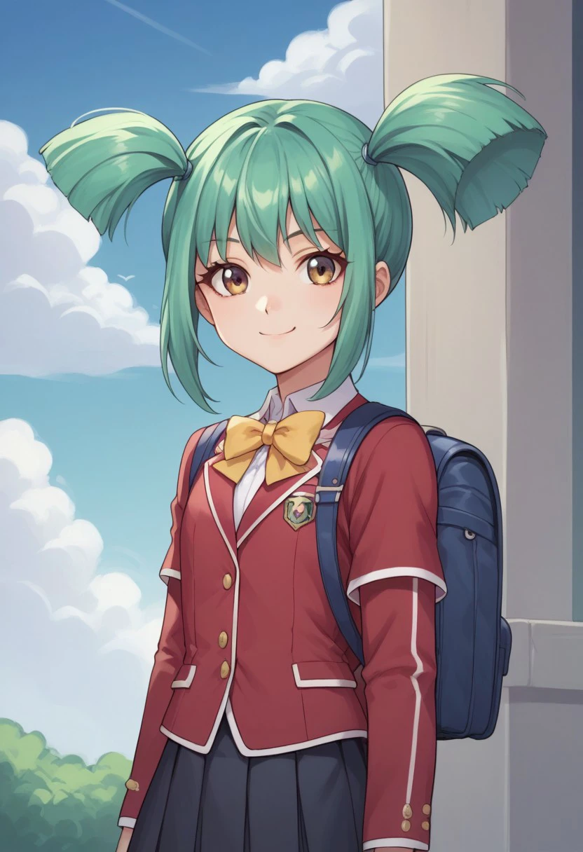 score_9, score_8_up, score_7_up, source_anime, highly detailed, 
luna5d, 1girl, solo, school uniform, skirt, black skirt, bag, green hair, twintails, backpack, upper body, jacket, red jacket, ribbon, yellow ribbon, smile, looking at viewer, 
outdoor, sky, cloud,