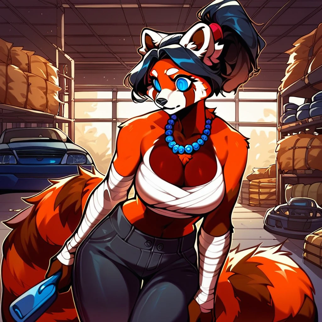 score_9, score_8_up, score_7_up, (female anthro red panda) blue eyes, bright eyes, black hair, medium updo ponytail, large breasts, fur, tuft, tail,fur trim, bandages, chest sarashi, bandaged arm, arm warmers, pants, bead necklace, midriff, cleavage, background is a warehouse, tools, car