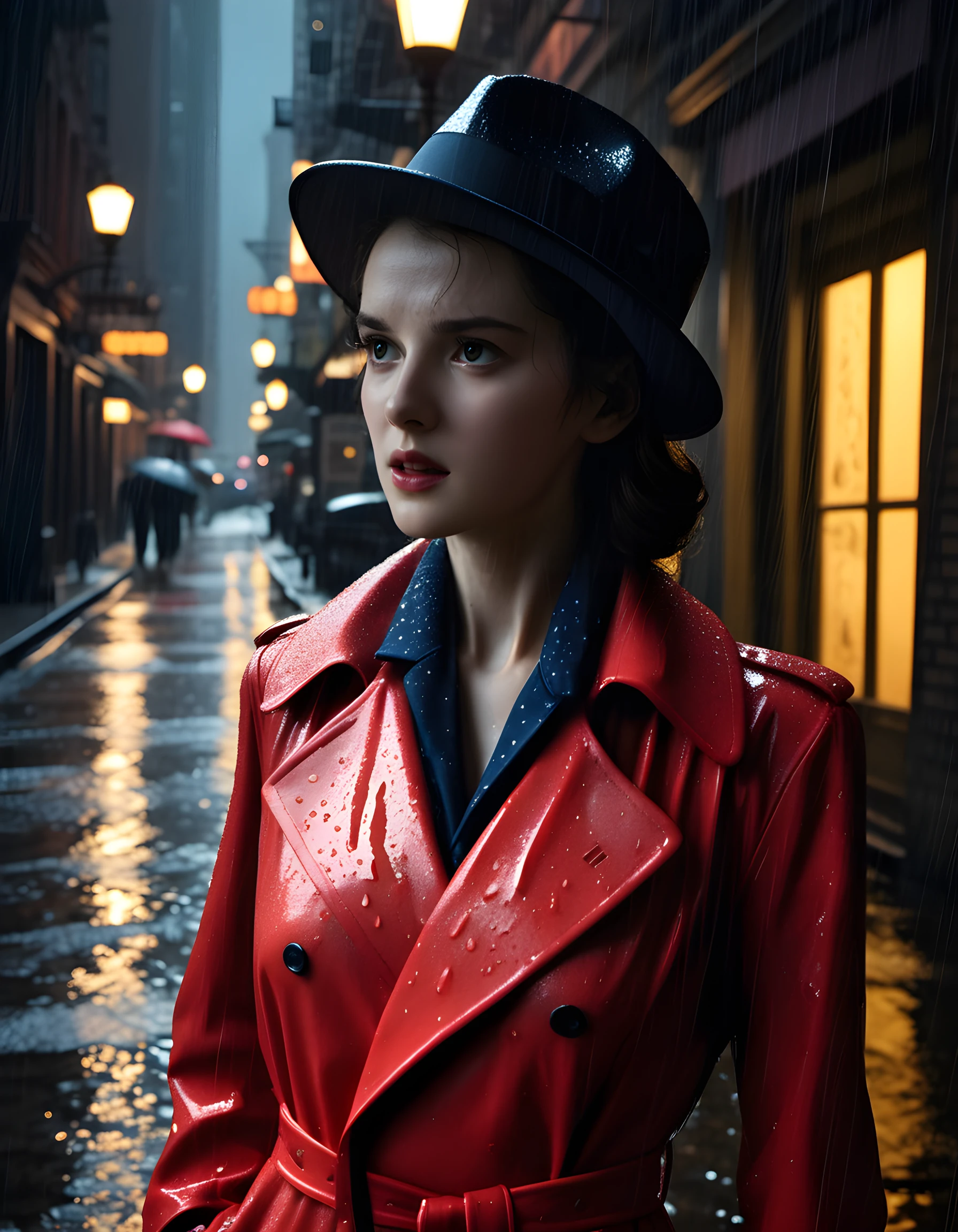 In a gritty, noir-inspired scene set in the rain-soaked back alleys of 1940s New York City, the striking image captures LYR4CR, a woman clad in a vibrant red trench coat with a fur collar and matching hat, her face partially obscured by the brim as she stands in an ominous, shadowy corner. The harsh, dramatic lighting illuminates her determined expression, her intense gaze fixed on an unseen adversary, while raindrops bead on her coat, casting dancing reflections that add to the sense of mystery and intrigue. A lone streetlight flickers in the background, its yellow glow barely penetrating the darkness, as the moody atmosphere is further emphasized by the discordant sounds of rain-slicked cobblestones and distant sirens.