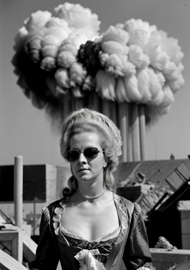 Marie Antoinette, action movie poster, explosion in background, wearing aviator shades