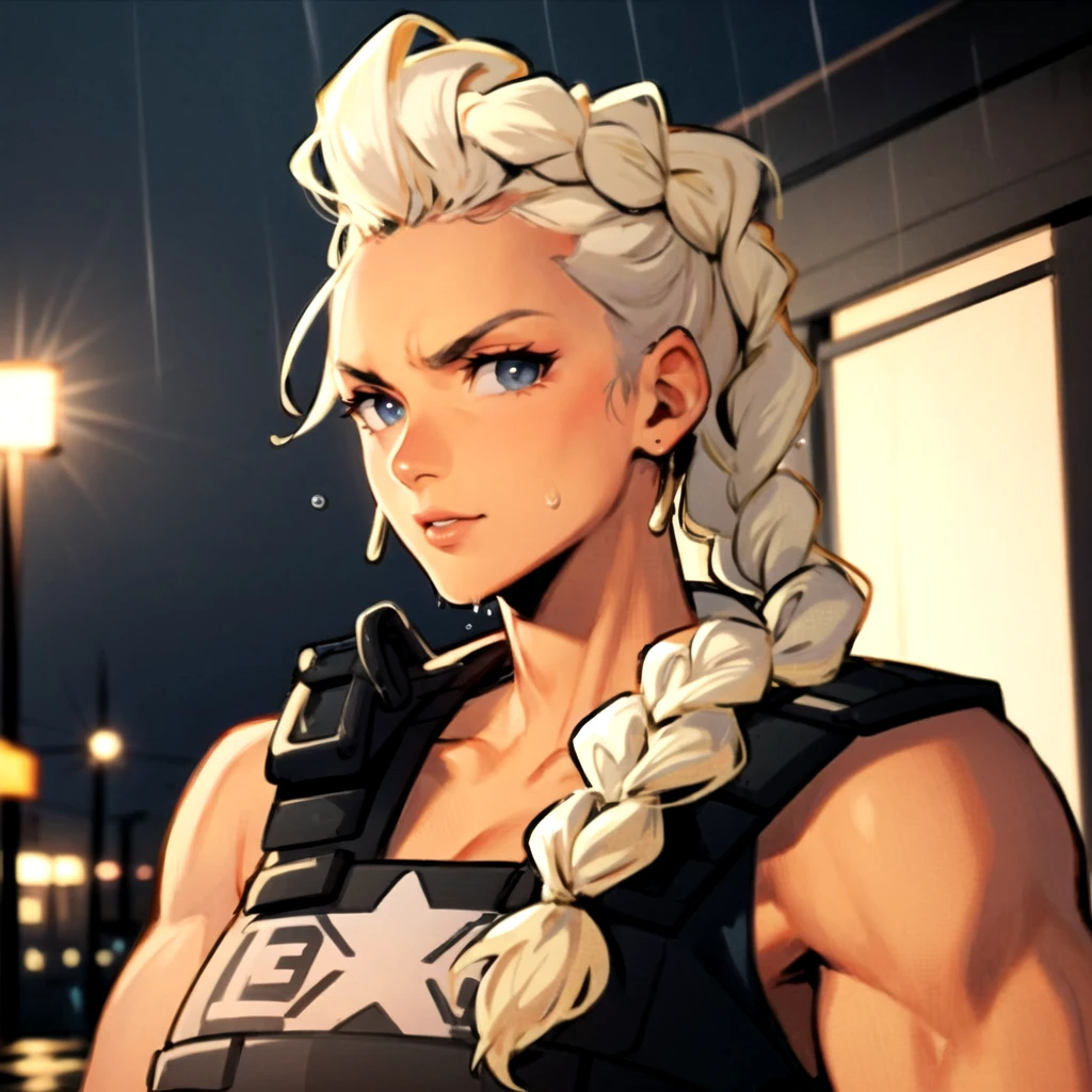 masterpiece, best quality, <lora:EstelAguirre:1>, Estel Aguirre, 1girl, blue eyes, blonde hair, braided ponytail, muscular, black bulletproof vest,  solo, long hair, braid, single braid, upper body, looking at viewer, wet skin, rain, determined, portrait
BREAK
police station, outdoors, rain, water drop, night, 4k intricate, (remarkable)
