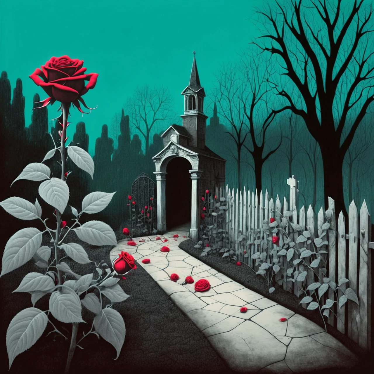 cs-gdblk, roses growing in a spooky macabre garden