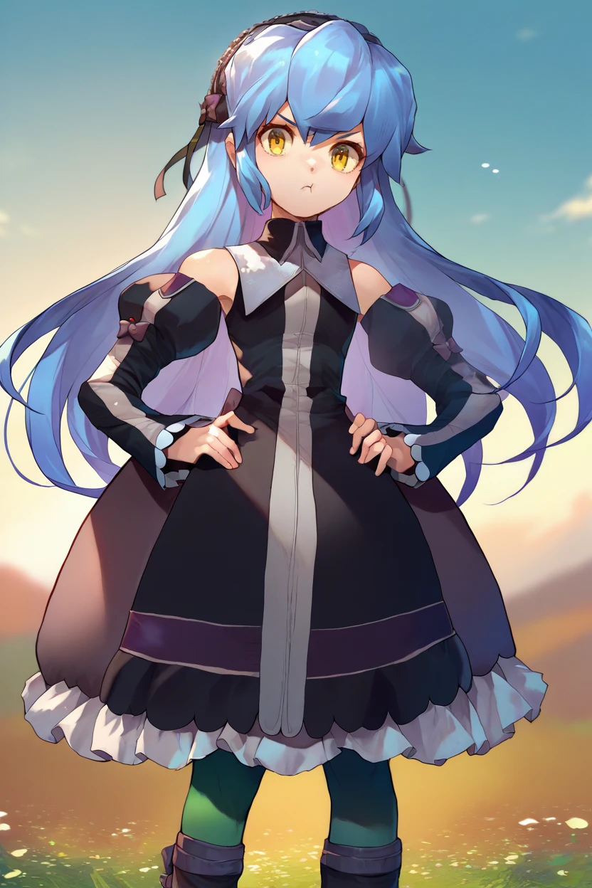 score_9, nakamiyuuka, score_7_up, score_6_up, source_anime, 1girl, solo,  <lora:xfkatrina-pdxl-nvwls-v1-000005:1> xfKatrina, blue hair, yellow eyes, long hair, hairband, black dress, detached sleeves, green pantyhose, boots, hands on hips, looking at you, pout, blue sky, field