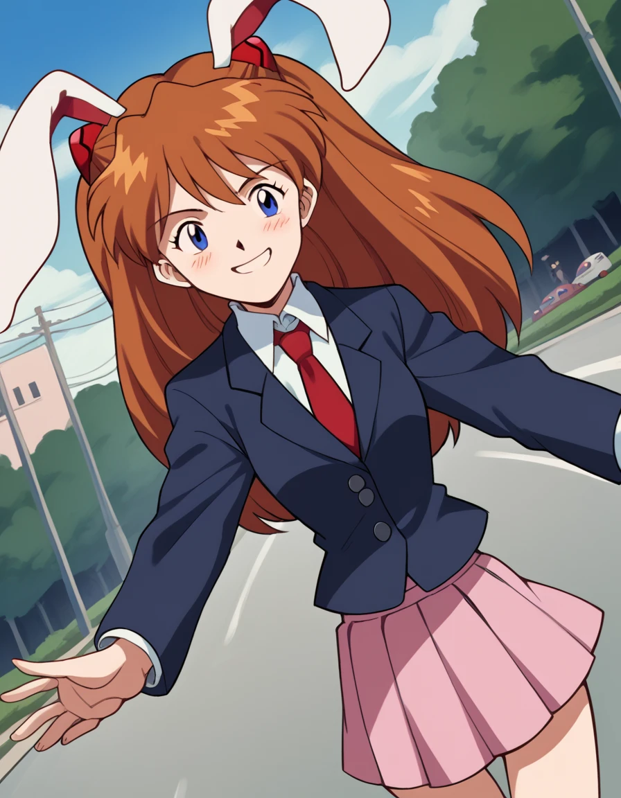 score_9, score_8_up, score_7_up, source_anime, asukalangleysoryu, <lora:asuka-langley-soryuu-classic-ponyxl-lora-nochekaiser:1>, asuka langley soryu, long hair, bangs, blue eyes, brown hair, hair ornament,, <lora:inaba-reisen-udongein-cosplay-ponyxl-lora-nochekaiser:1>, inabareisenudongeincosplay, reisen udongein inaba \(cosplay\), animal ears, black jacket, blazer, collared shirt, jacket, long sleeves, necktie, pleated skirt, rabbit ears, red necktie, shirt, skirt, white shirt, pink skirt,, outdoors, street, smile, blush,, cowboy shot, dutch angle, solo,