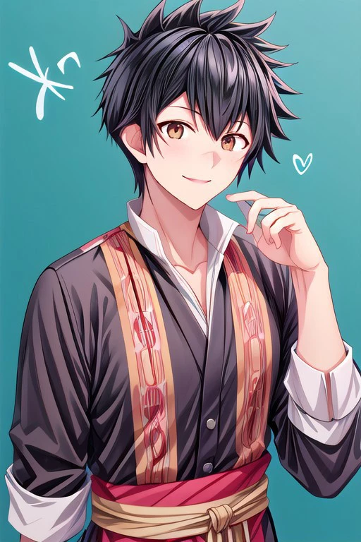 high resolution, solo, best quality, 1Boy, Kanata Hoshijima, Black hair, Brown Eyes, Wearing traditional batik, smiling, proud, cultural,