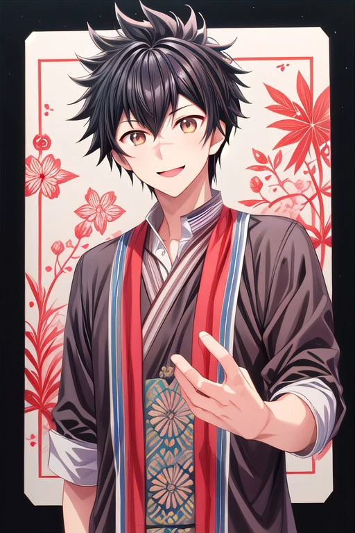 high resolution, solo, best quality, 1Boy, Kanata Hoshijima, Black hair, Brown Eyes, Wearing traditional batik, smiling, proud, cultural,