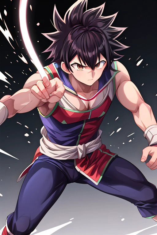 high resolution, solo, best quality, 1Boy, Kanata Hoshijima, Black hair, Brown Eyes, Goku’s Kamehameha, powerful, focused, intense,