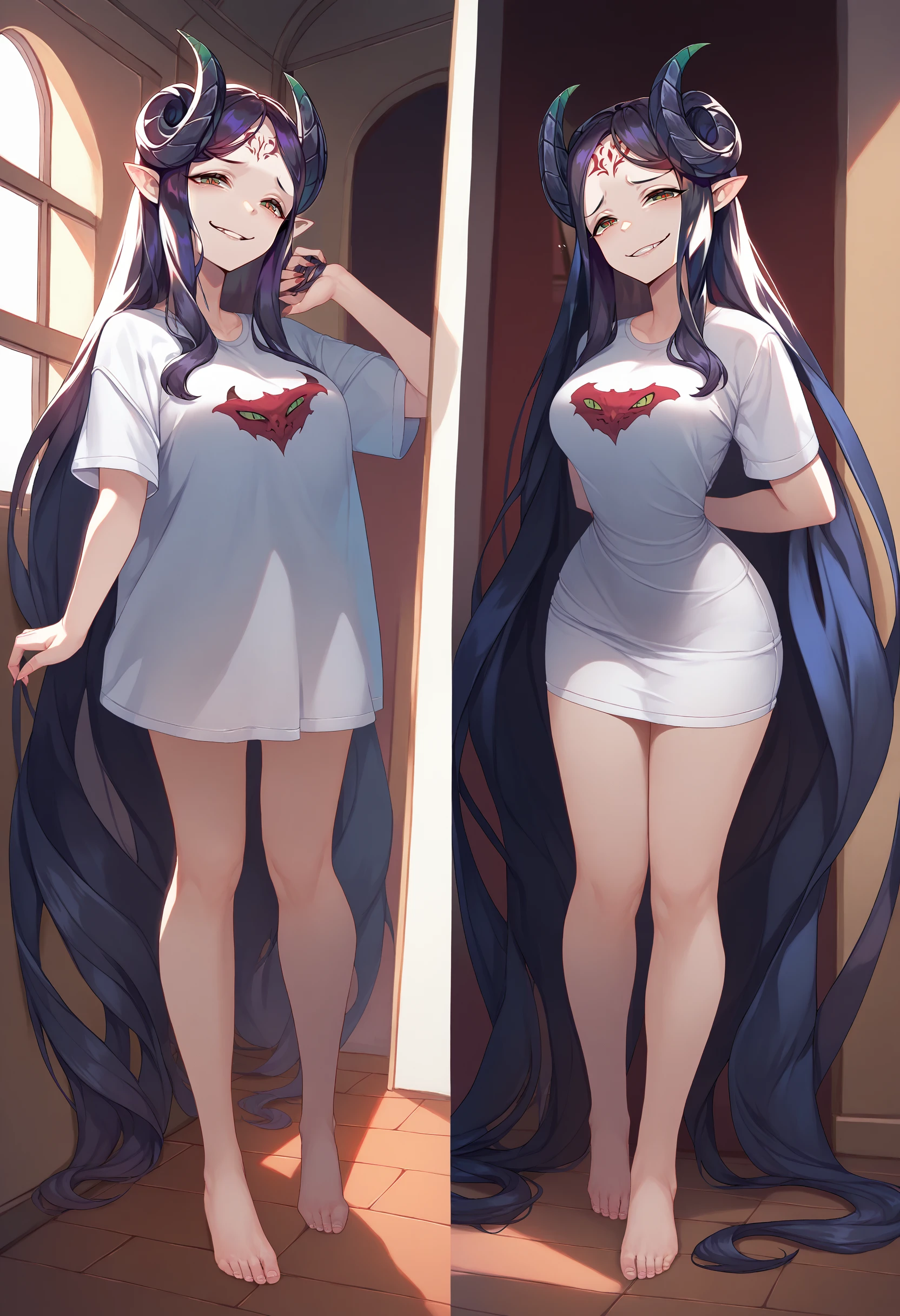 score_9, score_8_up, score_7_up, PajChall, multiple views, t-shirt, <lora:PajamasChallenge_pdxl_Incrs_v1:1>, arms behind back, full body, shamkr, demon horns, black horns, forehead mark, parted bangs,very long hair, slit pupils, red pupils, <lora:shamkr-ponyxl-beta1:1>, light smile, parted lips, smug, raised eyebrows, indoors,