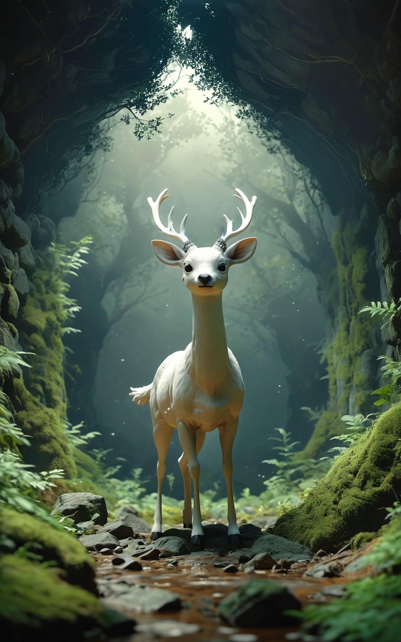 XUER Pixar style,<lora:绪儿 皮克斯风格  XUER Pixar style:0.8>,
a distant photo of a white deer made of white light with big horns,standing in the middle of a very dark,pitch black,tunnel made of trees. BREAK ultra-realistic,high dynamic range,3 dimensional. (embedding:cosmos:1.2),