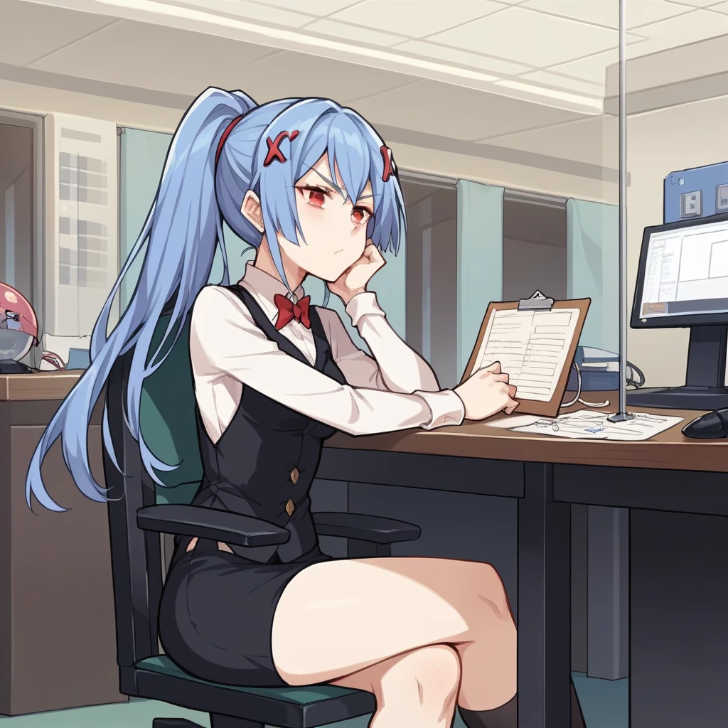 score_9_up, score_8_up, score_7_up, score_6up, source_anime, 1girl, solo, Edison, Edi_Stigmata, ceiling lamp, screens, wires, sitting on office chair, head rest on desk, crossed legs, holding clipboard, annoyed, knee socks, black footwear, shoes, long hair, blue hair, ponytail, pencil skirt, black vest, collared shirt, long sleeves, bare legs, white shirt, red bowtie, x hair ornament, mini skirt, dynamic cowboy shot, indoors, facility laboratory background,