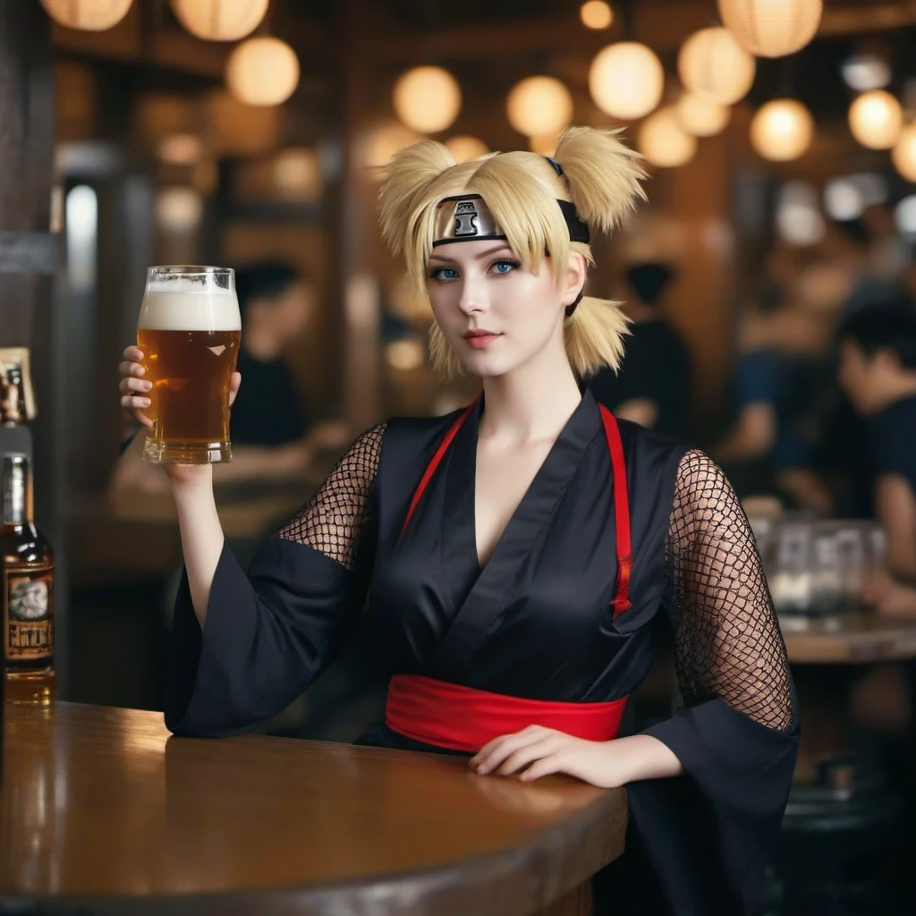 cinematic photo 1girl, quad tails, blonde hair, fingerless gloves,  forehead protector, blue eyes, hand fan, fishnet, japanese clothes, toeless footwear, having a beer in a pub <lora:Temari1024:0.8> . 35mm photograph, film, bokeh, professional, 4k, highly detailed