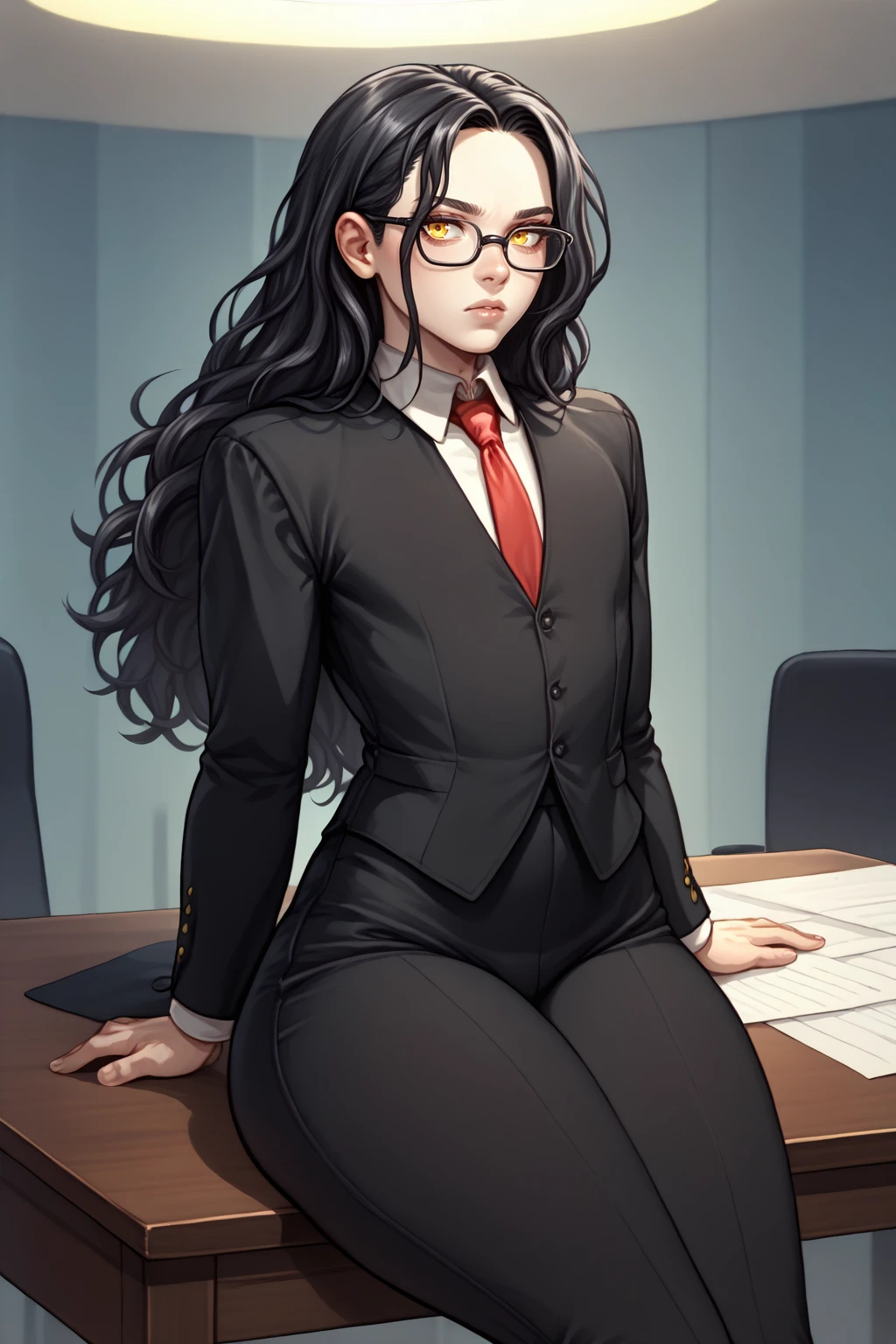 score_9, score_8_up, androgynous, solo, <lora:NSLimstellaFE7:1> NSLimstellaFE7, black hair, long hair, yellow eyes, glasses, black formal suit, sitting on table, office, red necktie, black pants, thick thighs