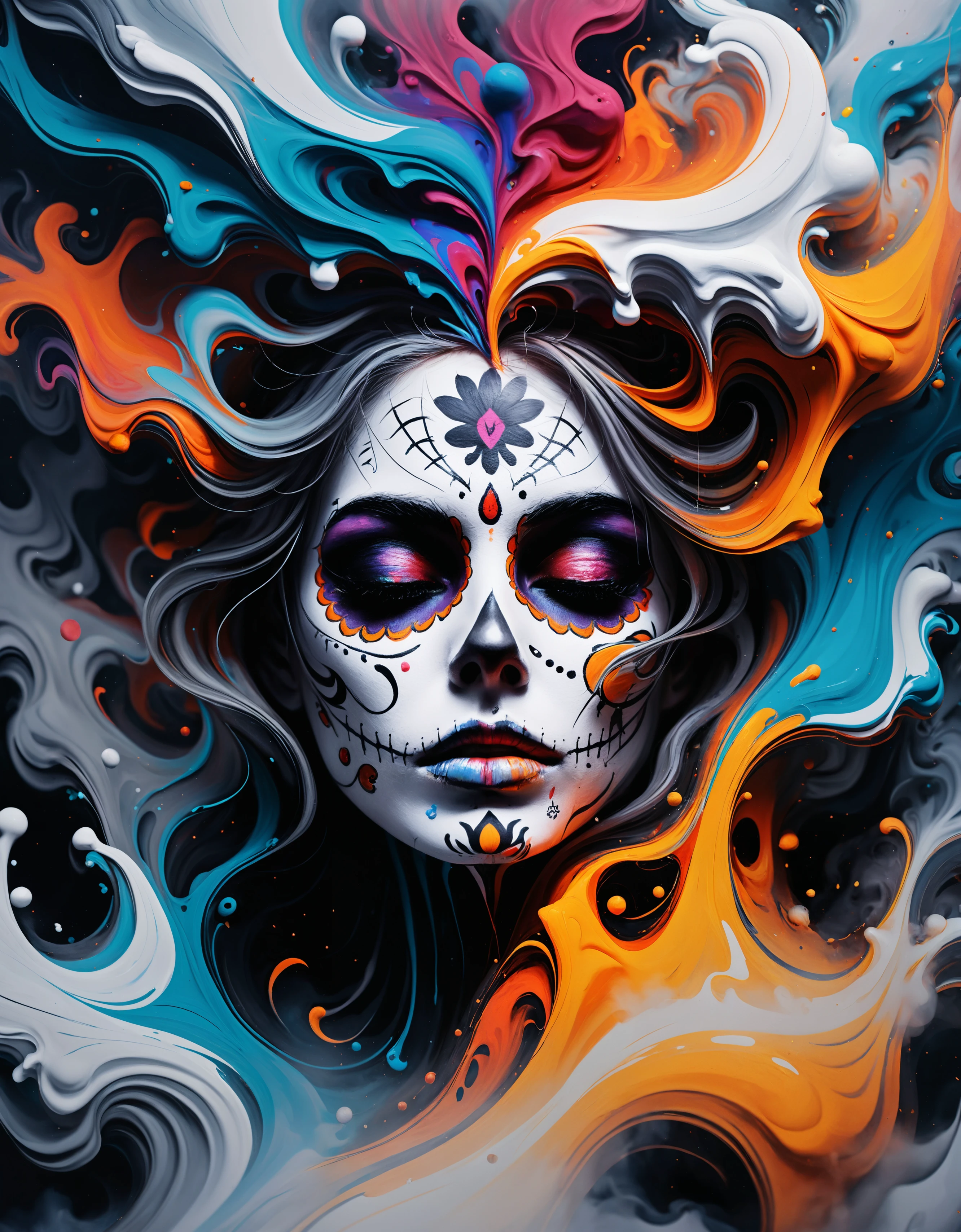 zavy-lqdprtrt, liquid paint, Lyrical Abstraction, Dreamlike heavyset Female Planning events, Smoky Conditions, Sharp and in focus, F/5, de dia los muertos, magical, woman, imposing, highly intricate, full color, intricate detail, delicate, sublime, dynamic background, ambient background