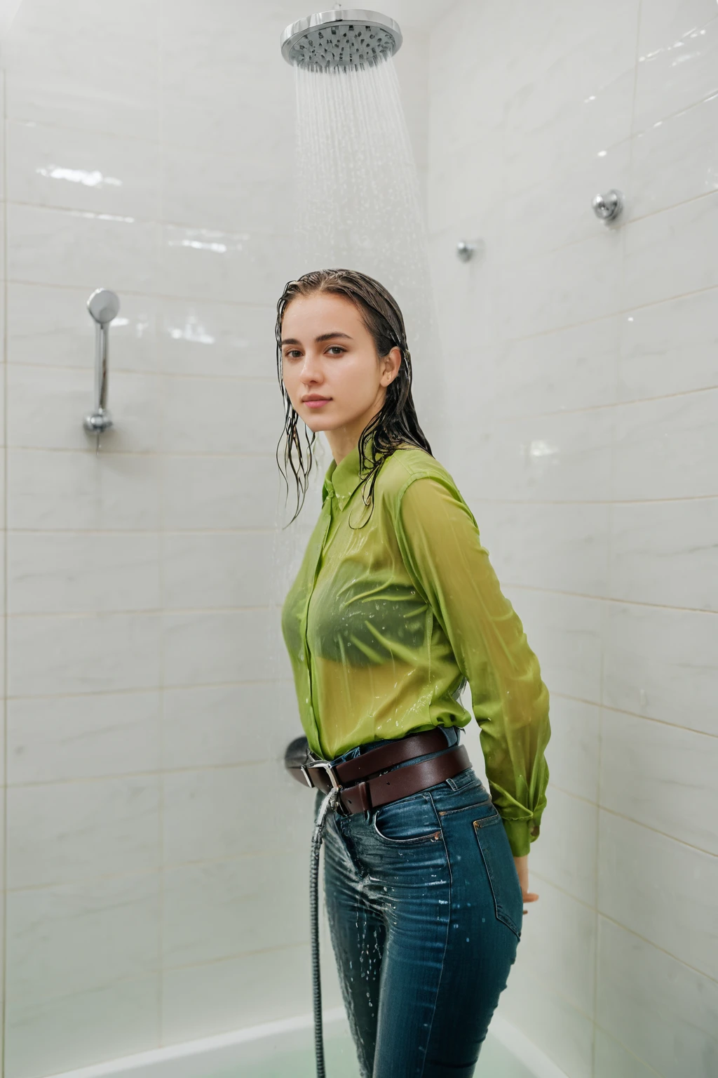 wetgirl, wet hair, wet green shirt, shirt tucked into skinny jeans, belt, looking at viewer, standing in the shower, water drop, photographed on a Fujifilm XT3, 80mm F/1.7 prime lens, cinematic film still, cinestill 500T, highly detailed, masterpiece, highest quality, intricately detailed, HDR, 8k, uhd, photorealistic, <lora:wetgirl:0.7>