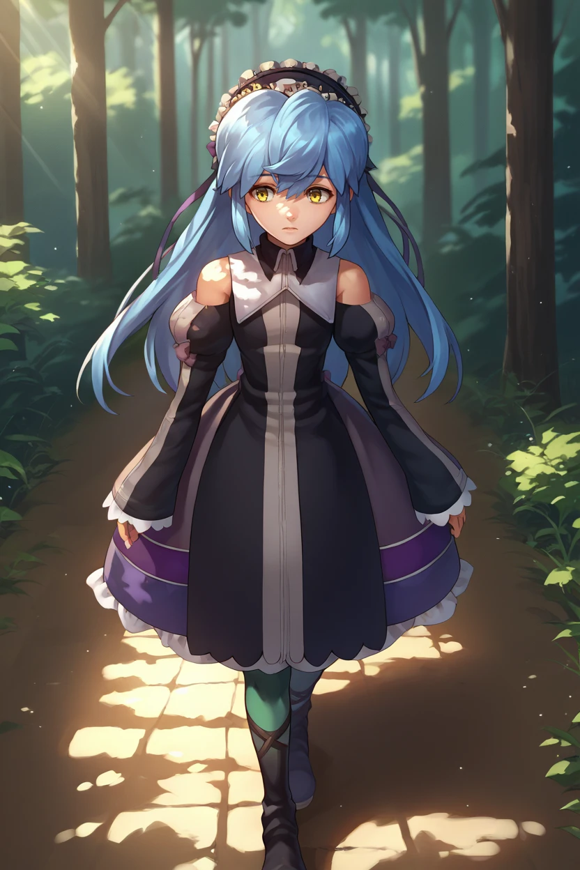 score_9, score_8_up, score_7_up, score_6_up, source_anime, 1girl, solo,  <lora:xfkatrina-pdxl-nvwls-v1-000005:1> xfKatrina, blue hair, yellow eyes, long hair, hairband, black dress, detached sleeves, green pantyhose, boots, walking, from above, forest, dappled sunlight