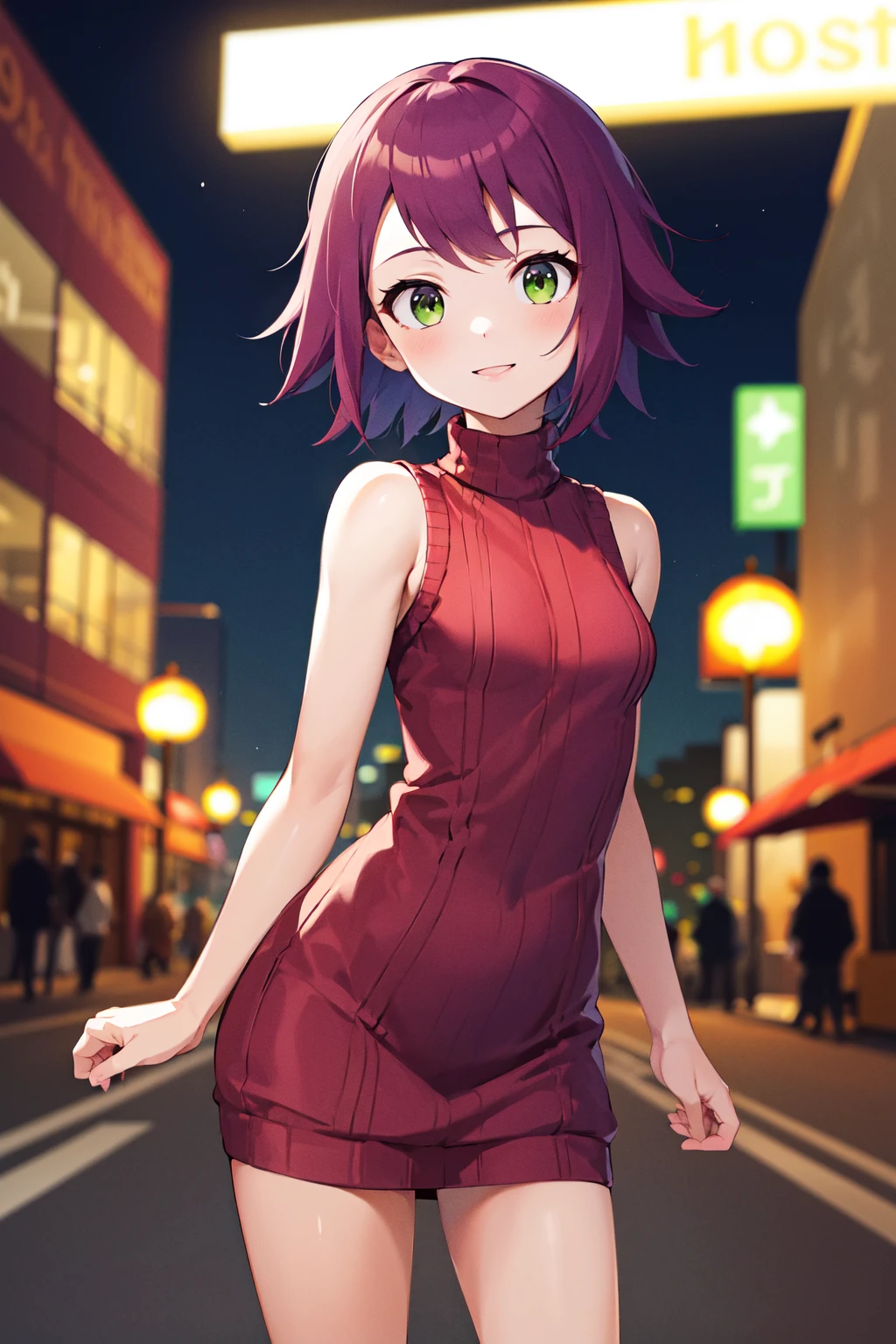 masterpiece, best quality, highres, 1girl, solo, short hair, purple hair, green eyes, <lora:hibiki_misora_(harp_note)_v1:0.7>, small breasts, sweater dress, sleeveless, ribbed sweater, standing, cowboy shot, night, street, smile