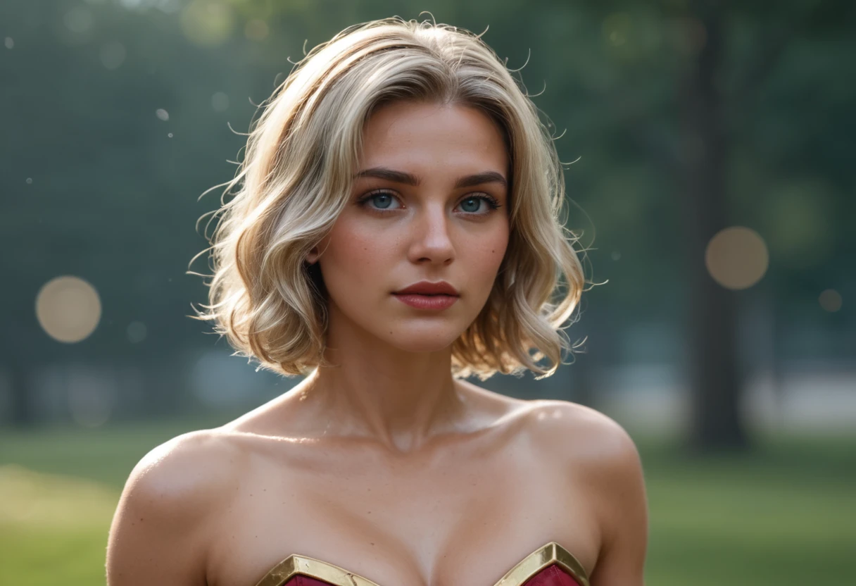 (masterpiece, photorealistic:1.4, extremely intricate:1.3), (photon mapping, radiosity, physically based rendering, ultra resolution, hyper-realistic, photorealistic:1.4, hyper-realistic, 8K), muscular girl, ((red velvet cape cloak, medieval french maid costume, ([flat chest:medium breasts:0.6], portrait, upper body, humid, (humid decolletage closeup, gold necklace)))), metal reflections, walking outdoors, intense sunlight, far away waterfall castle, professional photograph of a stunning woman, (short undercut blonde curly shaved hair, dynamic pose), sharp focus, dramatic, award winning, cinematic lighting, (film grain, bokeh, interaction, sunrise)

