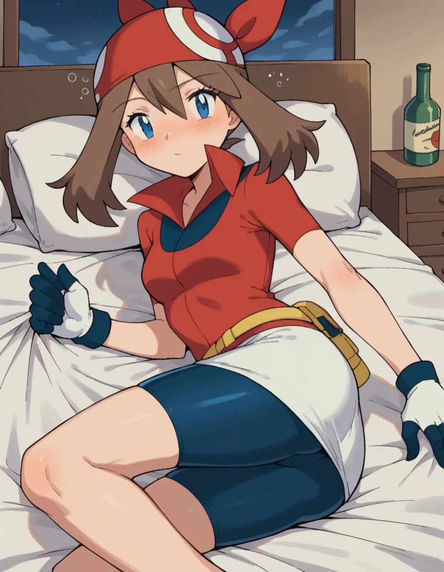 score_9, score_8_up, score_7_up, source_anime, <lora:pokemon-may-anime-ponyxl-lora-nochekaiser:1>, pokemonmay, blue eyes, brown hair, bandana, long hair, red bandana, twintails, hair between eyes,, bike shorts, collared shirt, gloves, microskirt, multicolored shirt, pencil skirt, red shirt, shirt, short sleeves, skirt, white skirt,, indoors, bed, bed room, on side, blush, drunk, looking at viewer, solo, cowboy shot, dutch angle