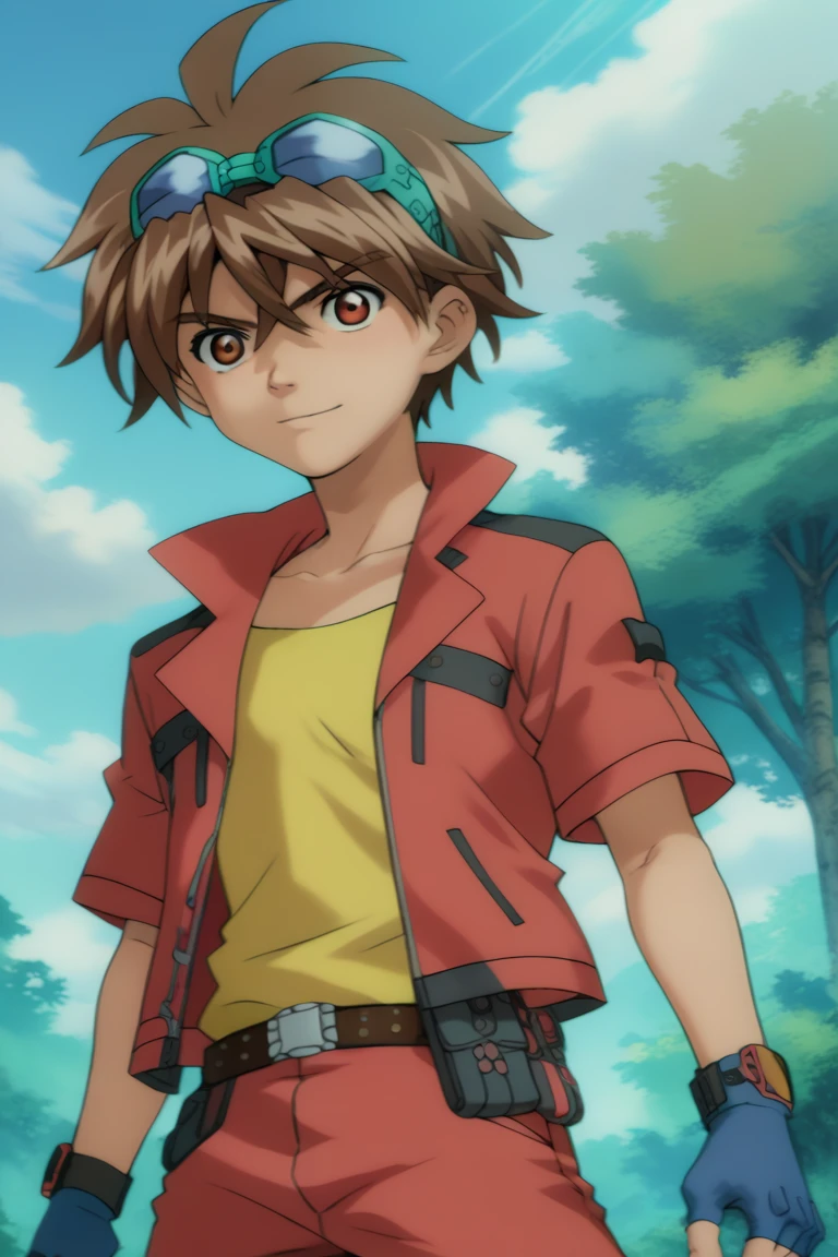 score_9, score_8_up, score_7_up, score_6_up, detailed, intricate details,best quality ,source_anime, cowboy shot,
dan_kuso, brown hair, brown eyes, red short sleeves jacket, yellow shirt, blue fingerless gloves, red pants, goggles on head, 1boy, male focus, solo, sky, day, smile, cloud, shirt, tree, anime coloring, nature, goggles<lora:EMS-422566-EMS:1.000000>