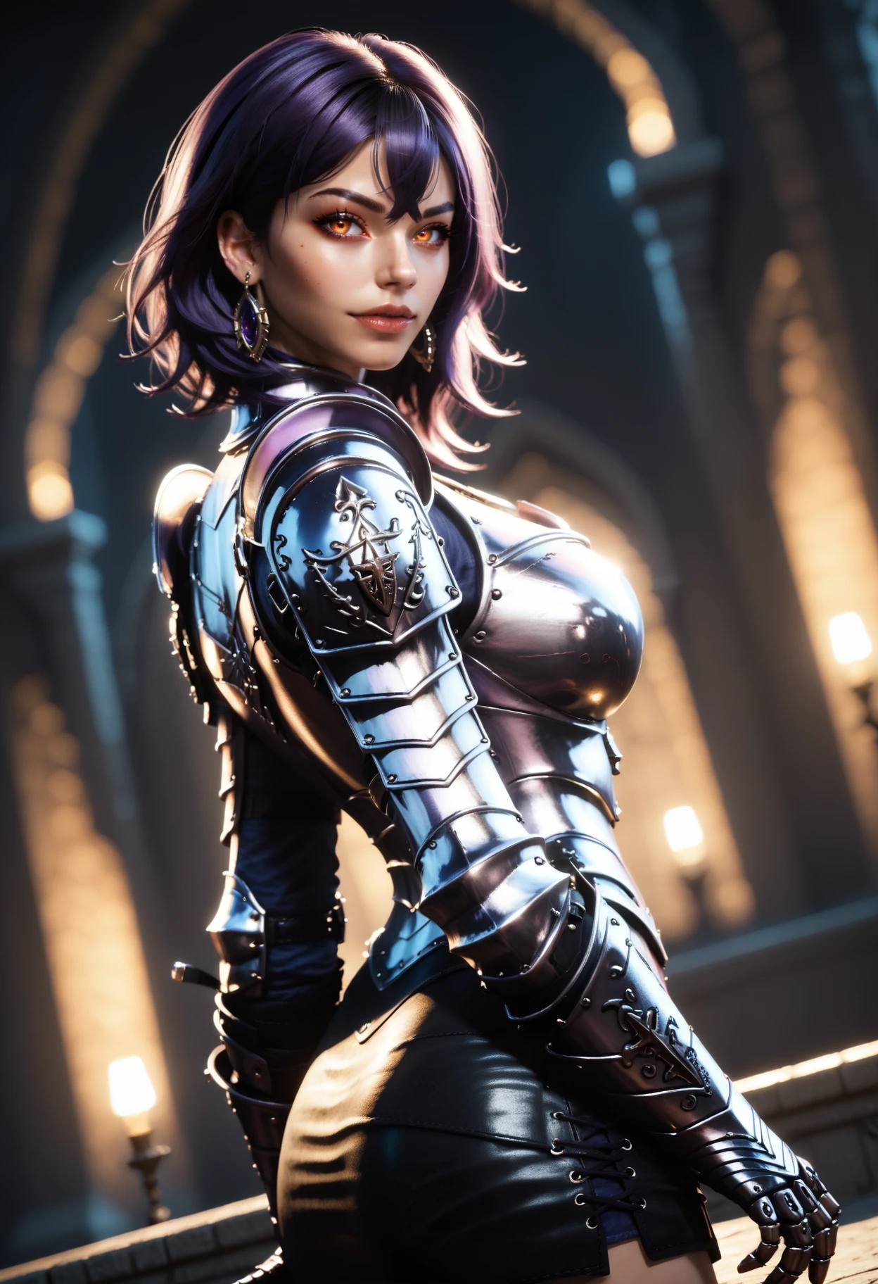 score_9, score_8_up, score_7_up, zPDXL2, zPDXLrl,
1girl, solo, d4rk4m3thyst, orange eyes, purple hair, crossed bangs,
((d4rkkn1ght, armor, skirt, gauntlets, thighhighs, earrings)),
(blurry background, castle, depth of field), ((naughty expression, dynamic pose, looking at viewer, from side, dutch angle)),
erotic, elegant, sensual, seductive, bright colors, high contrast, dark background, vivid lighting,
 <lora:Dark_DarkKnight_Pony_v1.0:0.75>, <lora:Dark_Amethyst_Pony_v0.1:0.5>