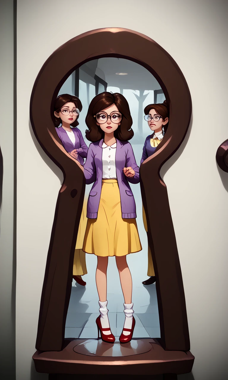 <lora:Keyhole_Art_Pony:1.5>, keyhole_art, simple_foreground, keyhole_view,   <lora:PonyXL Ms Baker - Clarence:1> msbaker, brown hair, glasses, purple cardigan, white shirt, yellow skirt, white socks, red heels,, source_cartoon, score_9, score_8_up, score_7_up,