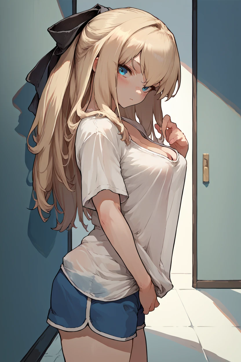 score_9, score_8_up, score_7_up, score_6_up, source_anime, 1girl, solo, <lora:cyrille-pdxl-nvwls-v1-000006:1> cyrille, blonde hair, long hair, hair ribbon, white shirt, loose shirt, cleavage, dolphin shorts, loose clothes, hallway, looking at you, from side, blush