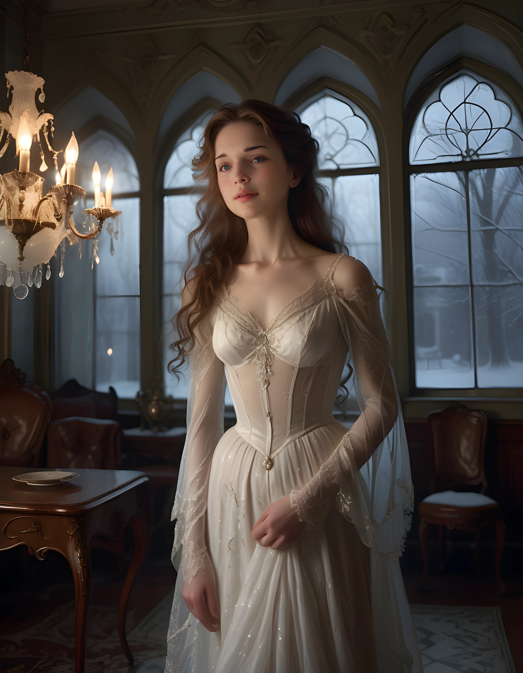 In a dimly lit, Victorian-era parlor adorned with antique furniture and ornate chandeliers, P0LY4, a woman of radiant beauty with cascading brown hair, stands alone in the center. Dressed in an ethereal, translucent white gown that shimmers like moonlight, her closed mouth forms a subtle, enchanting smile as she gazes directly at the viewer from a low-angle perspective, creating an air of mystery and allure amidst the softly falling snow outside the tall, arched windows. The chilly winter breeze filters in through the cracked windowpanes, casting long shadows that dance upon her delicate features, further accentuating her ethereal presence in this evocative, frozen tableau.