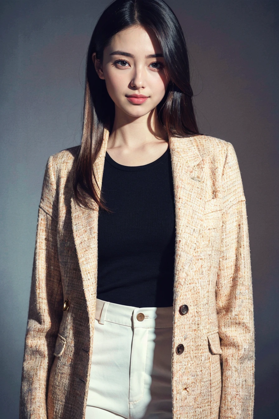 1girl,smile,fair_skin,very long hair,standing,blazer,pants,cowboy_shot,simple background,, (masterpiece:1.323),(best quality:1.241),(available light:1.1),(realistic:1.2),(intricate details:1.2),(colorful:1.1),(ultra high res:1.2),(Hyperrealistic:1.2),(highly detailed:1.1),8K,light effect,