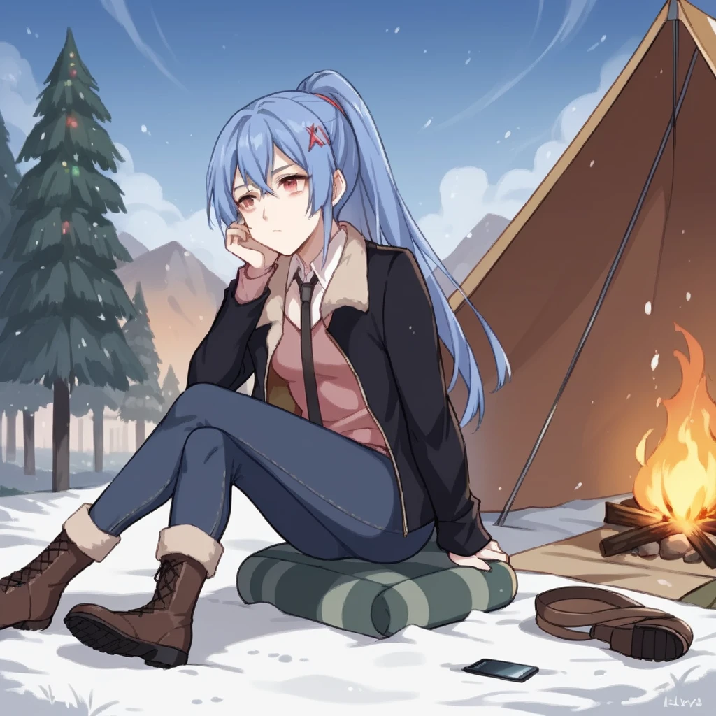 score_9_up, score_8_up, score_7_up, score_6up, source_anime, 1girl, solo, Edison, Edi_VN, sun light, snowing, tent, campfire, sitting on foldable chair, crossed legs, fur boots, brown footwear, pine tree, head rest, holding phone, relaxed bored, long hair, blue hair, ponytail, pink sweater, black jacket, fur-trimmed jacket, collared shirt, long sleeves,blue pants, brown necktie, x hair ornament, dynamic cowboy shot, outdoors, snowy plains background,