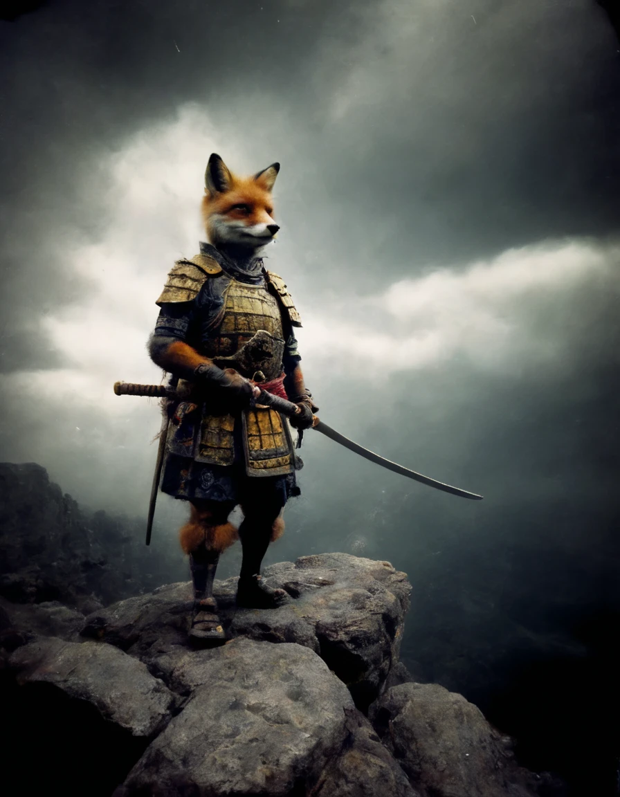 pinhole photo closeup portrait of an anthropomorphized fox samurai warrior on a rocky ledge under a dramatic sky