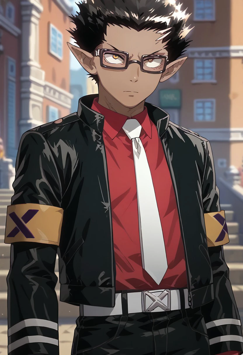 score_9, score_8_up, score_7_up, source_anime, rating_safe, Goylad, 1boy, male focus, anime screencap, red button-up shirt, white tie, short black jacket, black horn-rimmed glasses, yellow armband, white belt, black skinny jeans, yall can probably add a 2yellow armband negative if ya don't like two :<>/