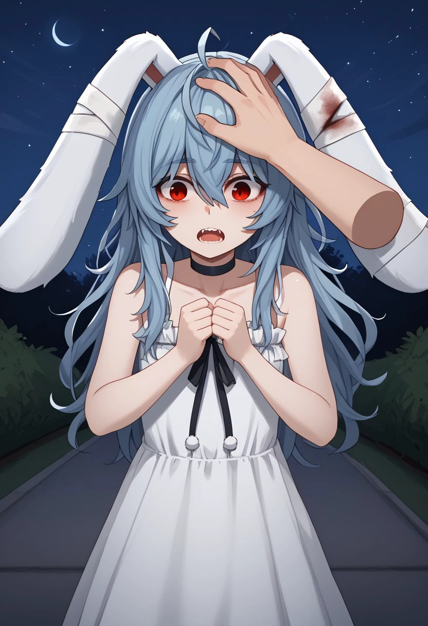 1girl, solo, Parasi, red eyes, messy hair, blue hair, long hair, animal ears, rabbit ears, hair between eyes, bangs, blood, sidelocks, bandages, black choker, white dress, black ribbon, sundress, park, lamppost, night sky, looking at viewer, open mouth, surprised, (headpat, pov hands, disembodied hand)