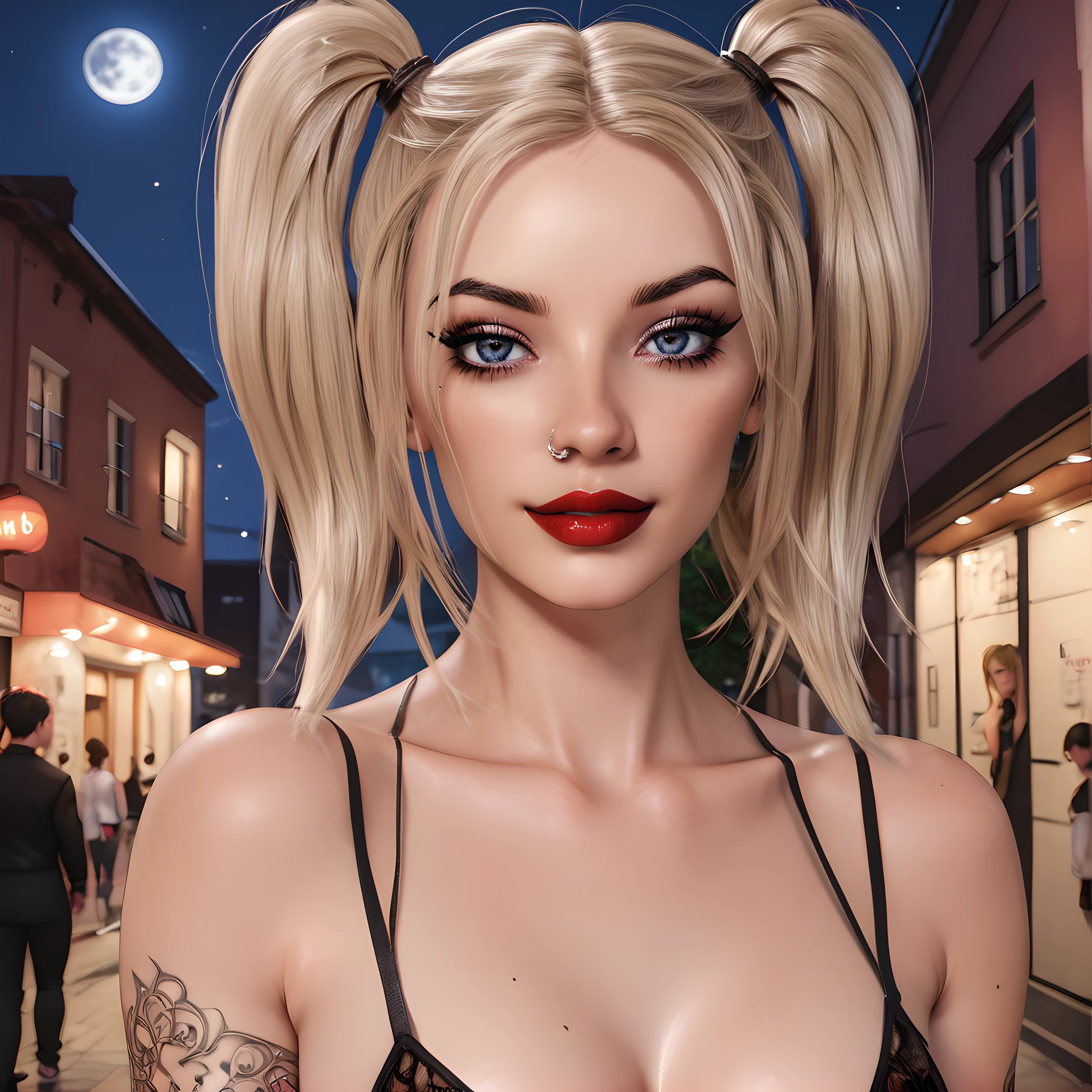 lily, 1girl, blonde hair, makeup, looking at viewer, solo, twintails, blue eyes, lipstick, piercing,street wear,  <lora:Lily_-_Being_A_DIK:0.9>
BREAK
level_9, level_8_up, level_7_up, level_6_up, level_5_up, source_cartoon, masterpiece 
BREAK
on the street, night, moon,