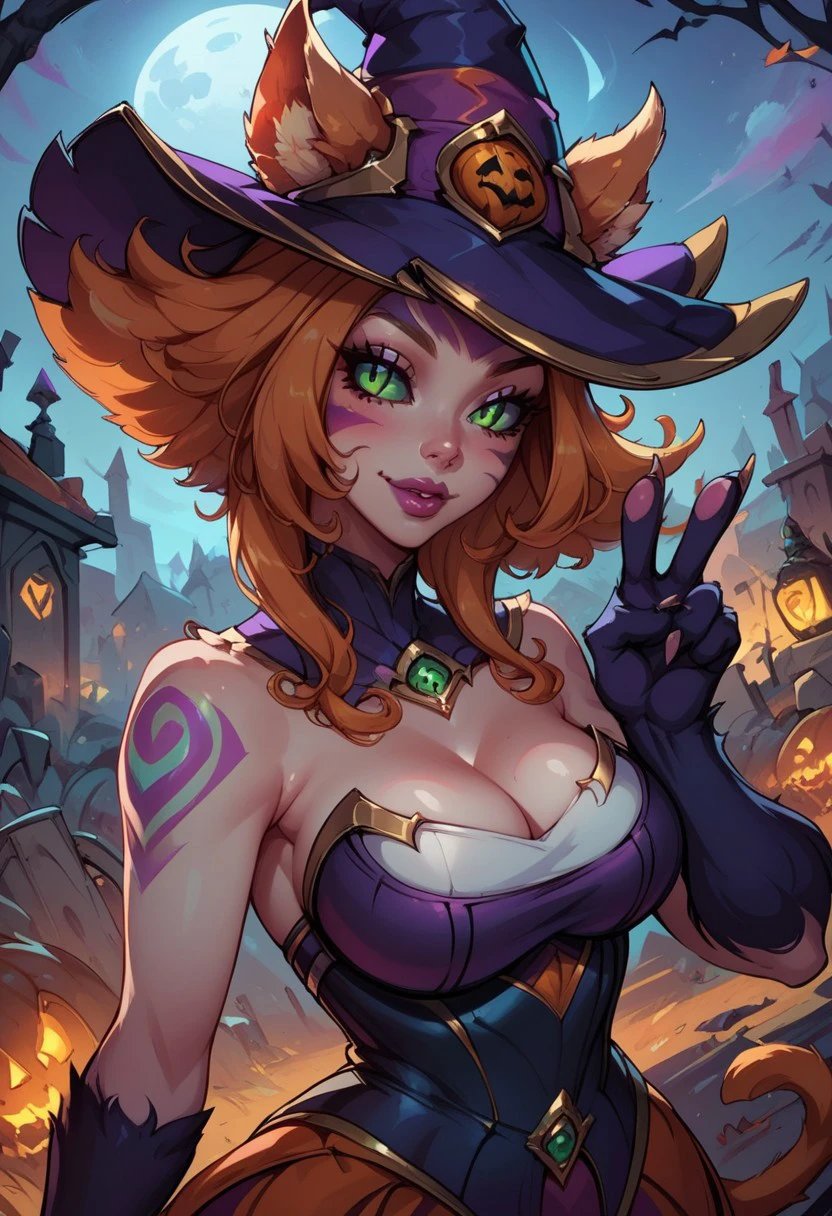 score_9, score_8_up, score_7_up, curvy, smooth outlines, ultra quality, (detailed fur texture), dutch angle, 1girl, curvy figure, bedroom eyes, 1girl, Beeko, cat girl, orange hair, animal ears, purple sclera, green pupils, slit pupils, facial marks, animal hands, witch hat, animal ears through headwear, witch costume, breasts, cleavage, upper body, looking at viewer, peace sign, graveyard, darkness, moon